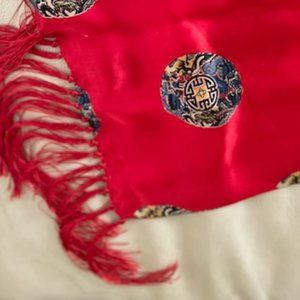 Long red double Chinese silk scarf with tassles.
